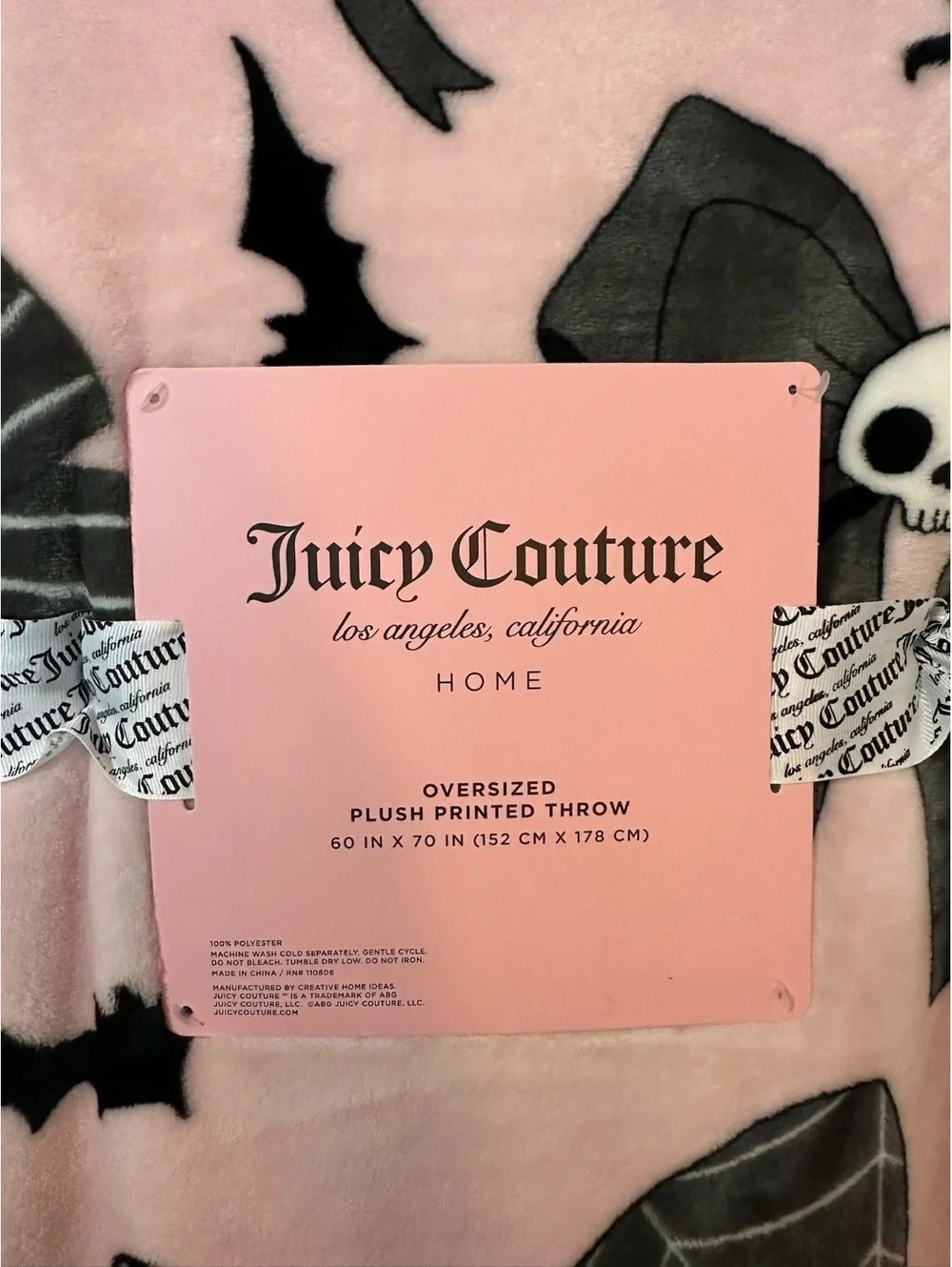 Juicy Couture Oversized Plush Printed Throw Blanket 60x70 Pink with Black Bats